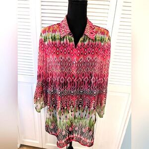 Glance Top Womens sz XL Multi Geometric Pattern Sheer Tunic TabSleeve Pink Green